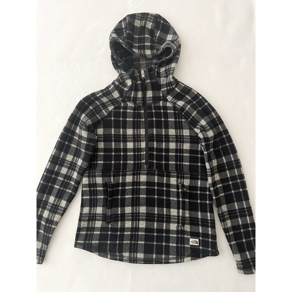 The North Face Jacket Women S Black Gray Plaid Fleece Hooded 1/4 Zip Pullover